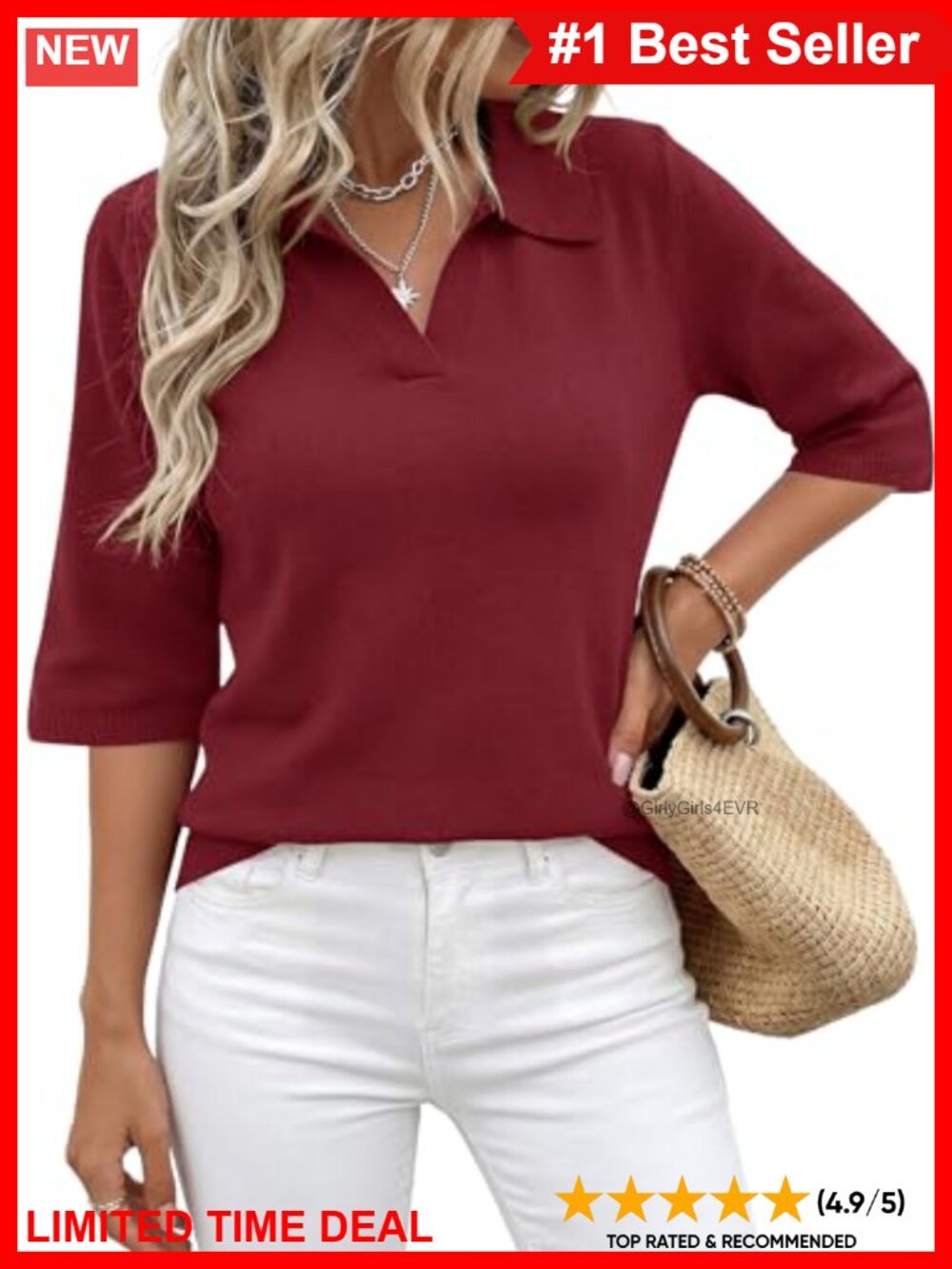 Ribbed Knit Polo Sweater 3/4 Sleeve Collared Pullover Business Casual